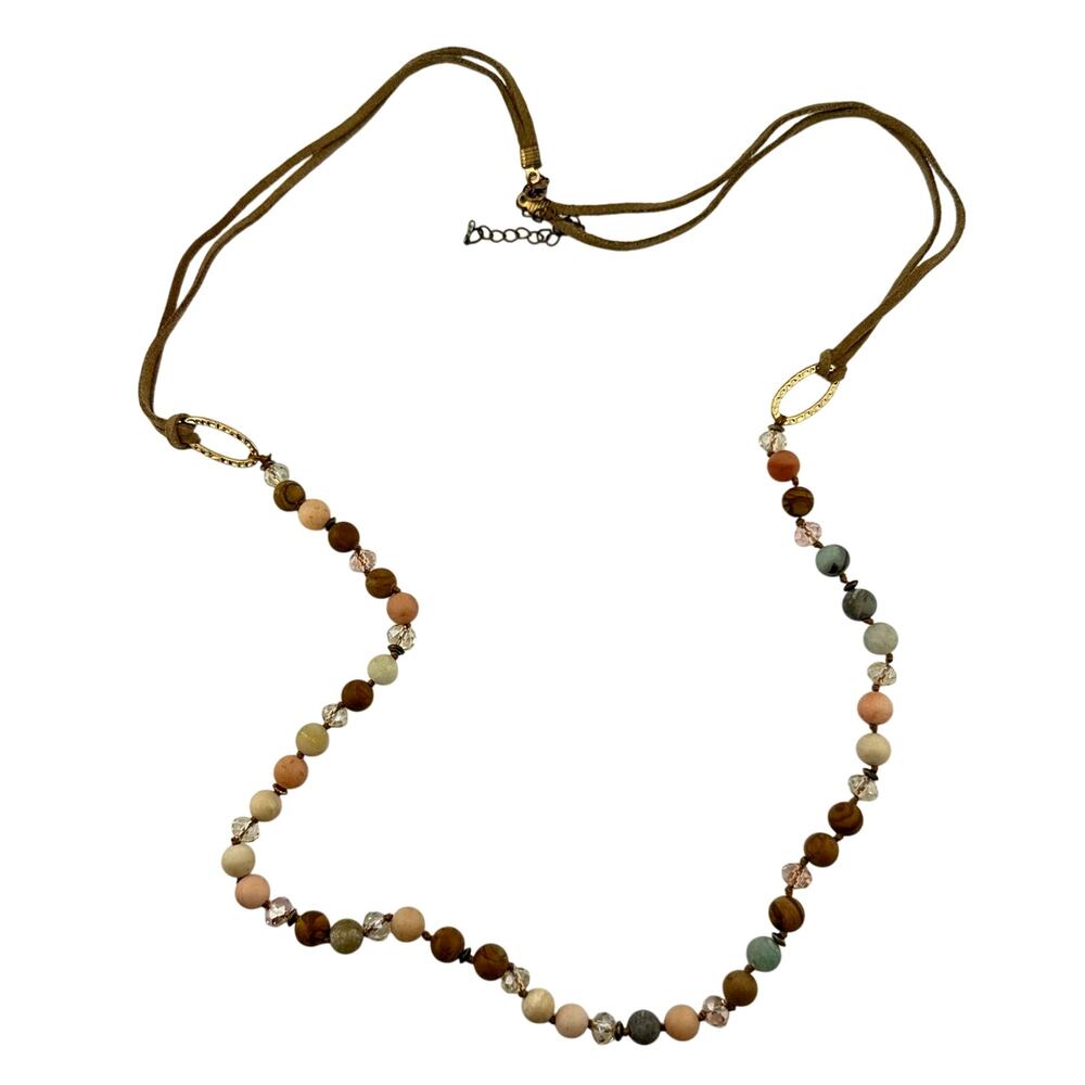 Boho Semi Precious Stones Crystal Beads Brown Suede Gold Tone 41" Necklace